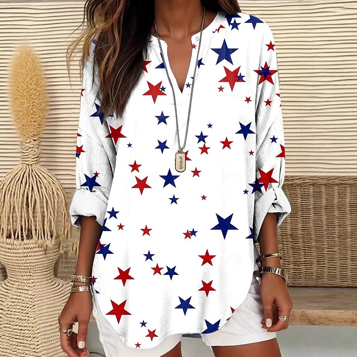 26年依富Y2跨境美式红蓝星星印花立领V领长袖宽松休闲个性上衣