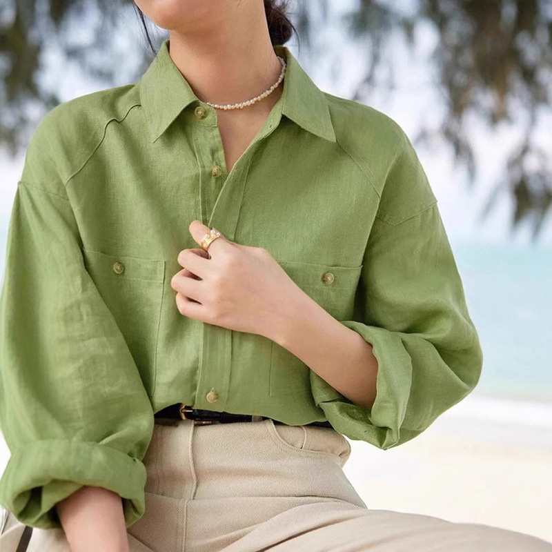 Beautiful Emperor 14 Packs All Linen Green Long Sleeve Salt Shirt Women's Early Spring New Casual Loose Shirt