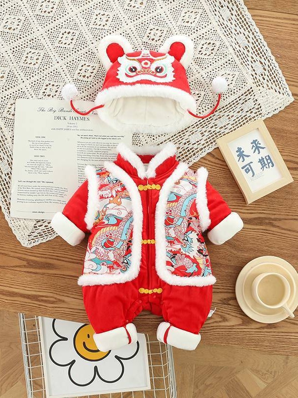 Ropa de bebé gruesa de algodón acolchado ropa de bebé infantil forrada de vellón engrosada festiva ropa de felicitación de Año Nuevo del bebé estilo nacional dragón imagen patchwork manga mameluco