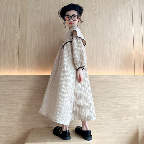 QZ6666 Spring New Korean Version Children's Dress with Large Cape Collar, Long Sleeve, High Waist Dress for Parent-Child Set, Girls' Long Dress