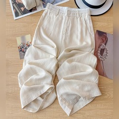 綿とリネンのワイドレッグパンツ女性の夏薄い 2025 新しいスタイル快適なカジュアルストレートアイスシルクパンツハイウエストレースリネンパンツ