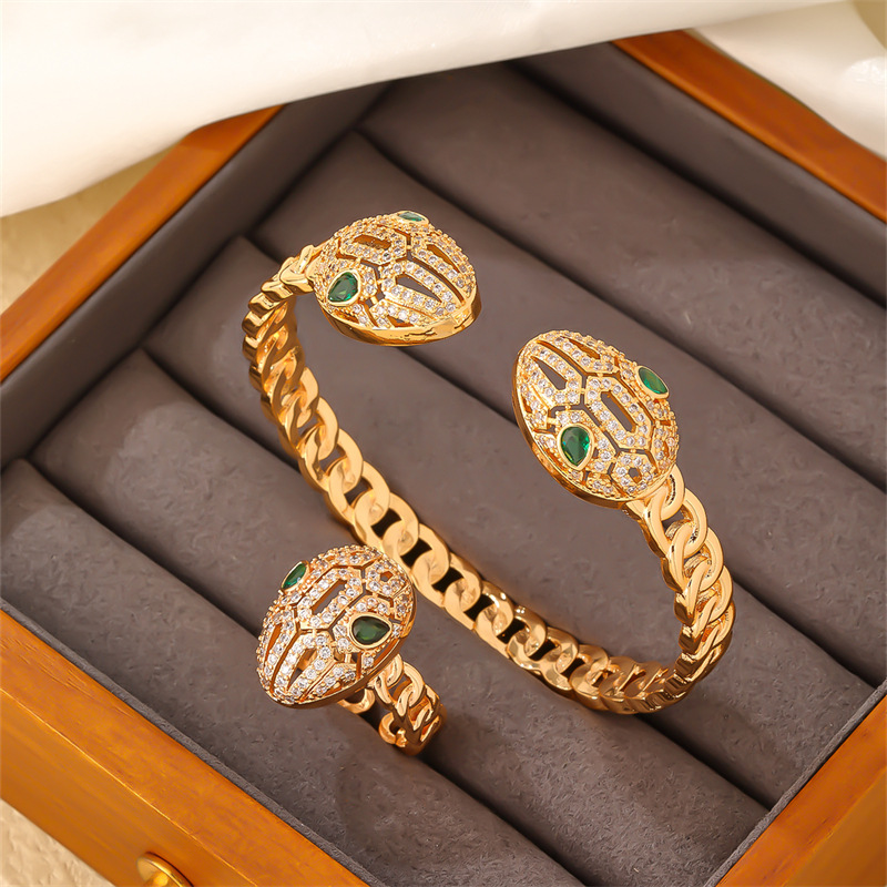 Parure de bijoux serpentine pleine de diamants, bague bracelet en zircon, personnalité de luxe légère, tête de léopard de l'industrie lourde_voghion.com