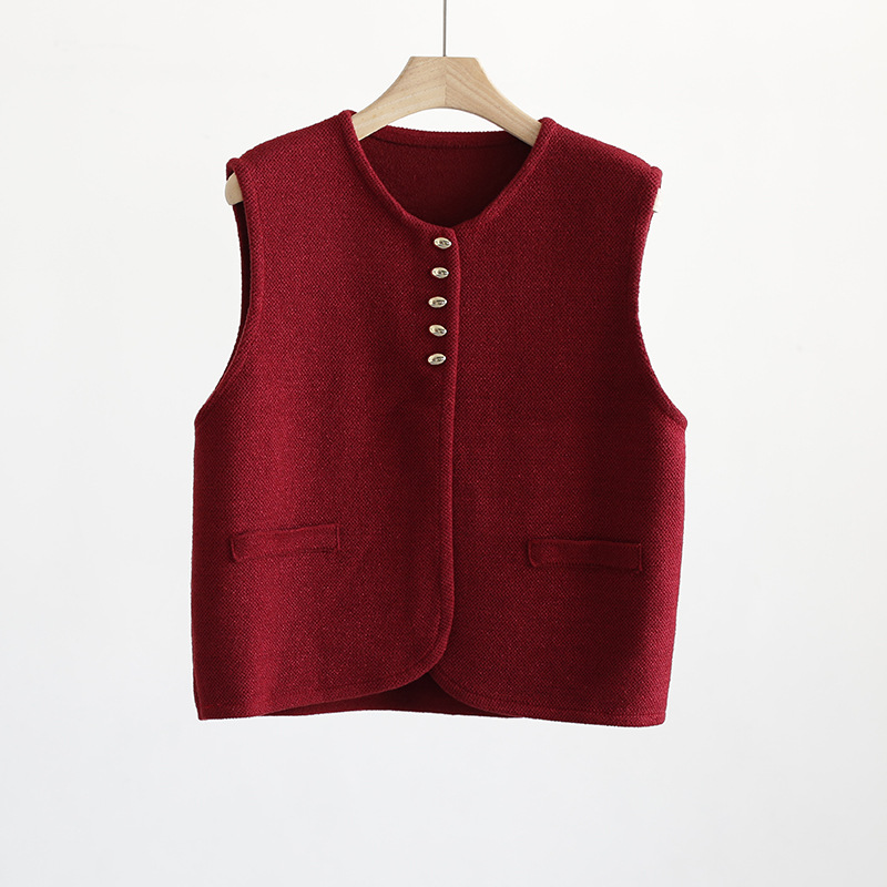 Otoño e Invierno estático lujo viejo dinero estilo cuello redondo hebilla de frijol dorado chaleco de punto engrosado color sólido todo fósforo sin mangas chaleco desgaste exterior