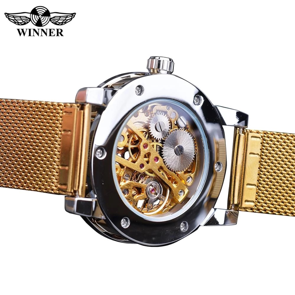 Vinnare Manual Mechanical Watch Herrs populära Rhinestone Hollow Mesh Band Watch Mode och fritid_voghion.com