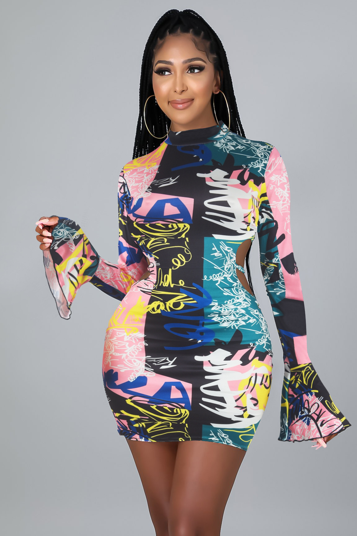 Digital Print Horn Long Sleeve Open Back Dress NSCQ68770