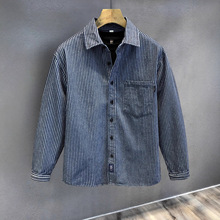 专柜进口高端砂洗条纹长袖衬衫男士秋季新款美式复古休闲牛仔衬衣