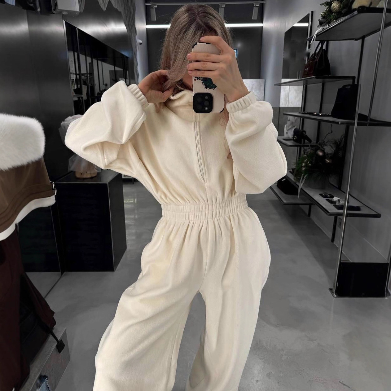 Cross-Border Casual European and American Jumpsuit Polar Fleece Women's Solid Color Long-Sleeved Zipper Stand Collar Elastic Waist Wide Leg Jumpsuit