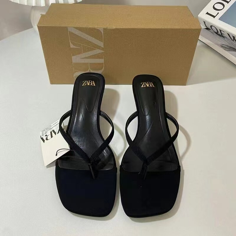 ZA Summer New 2024 French Style Square Toe High Heel Women's Shoes Herringman Angle Open Toe Rear Empty Heel Fashion Sandals for Women