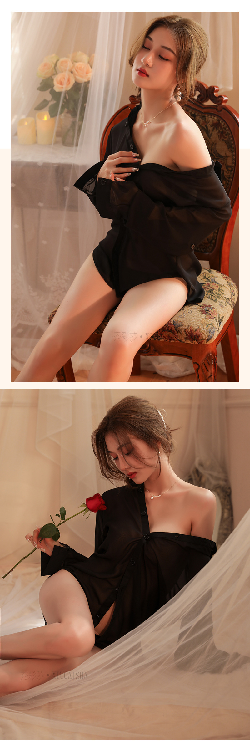 See-Through Chiffon Uniform Roleplay Shirt, Backless Boyfriend-Style Lingerie, Black One Size — detail image 18