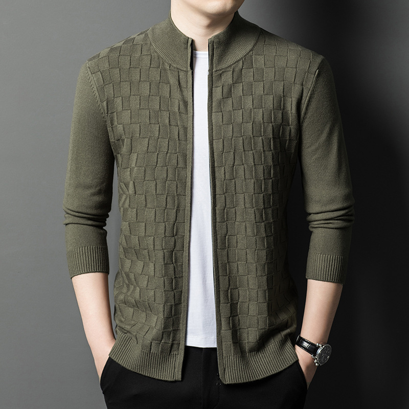 针织开衫外套男士春秋2025新款棋盘格立领拉链休闲毛衣薄款男装潮