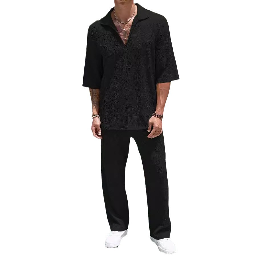 Men's Commuting Suit: Casual Shirt With Short Sleeves And Long Pants For Outdoor Activities_viptrois.com