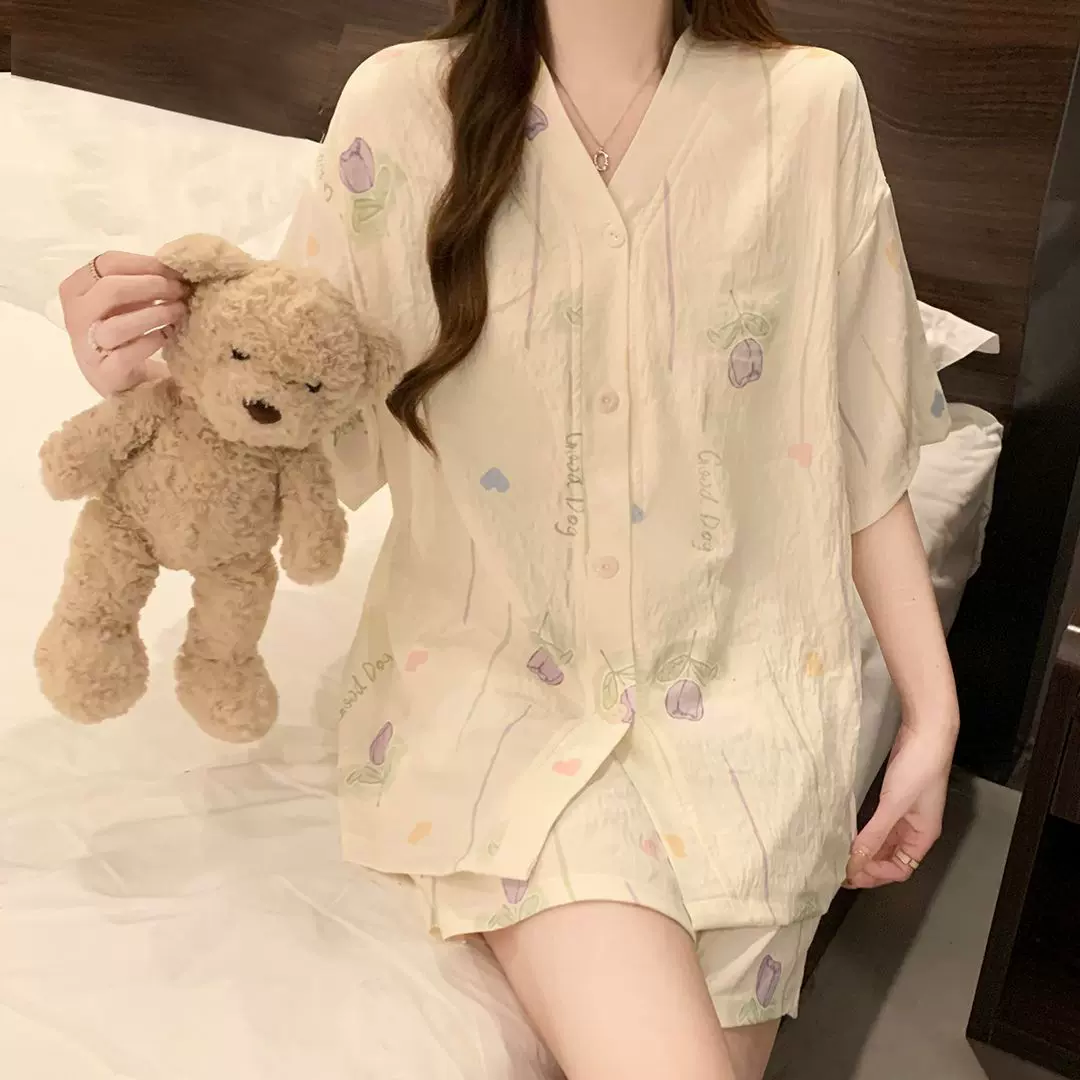 Southeast Asia跨境新款睡衣女夏季短袖开衫套装甜美家居服可外穿