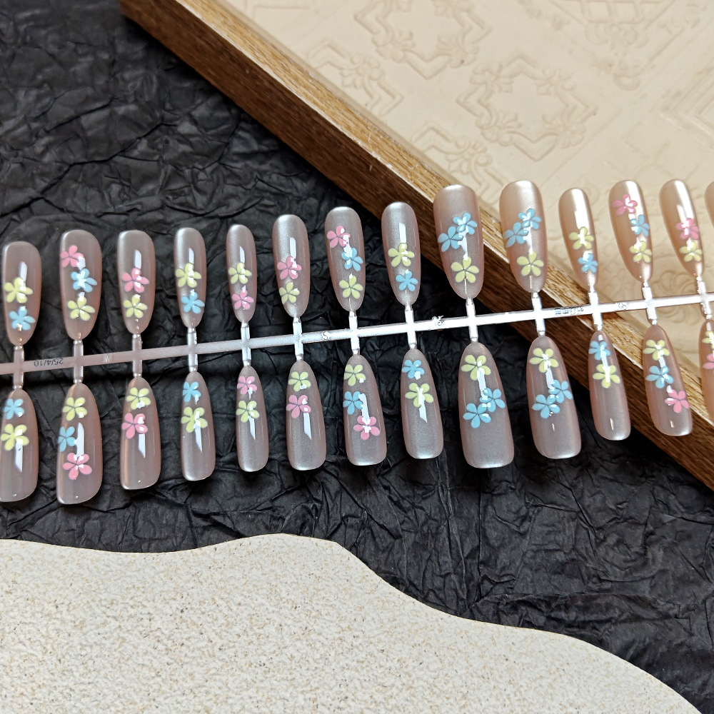 Juego de 30 piezas de puntas de uñas artísticas, uñas postizas con diseño de ojo de gato de colores, uñas pre-hechas hechas a mano en colores dulces y adorables. image 3