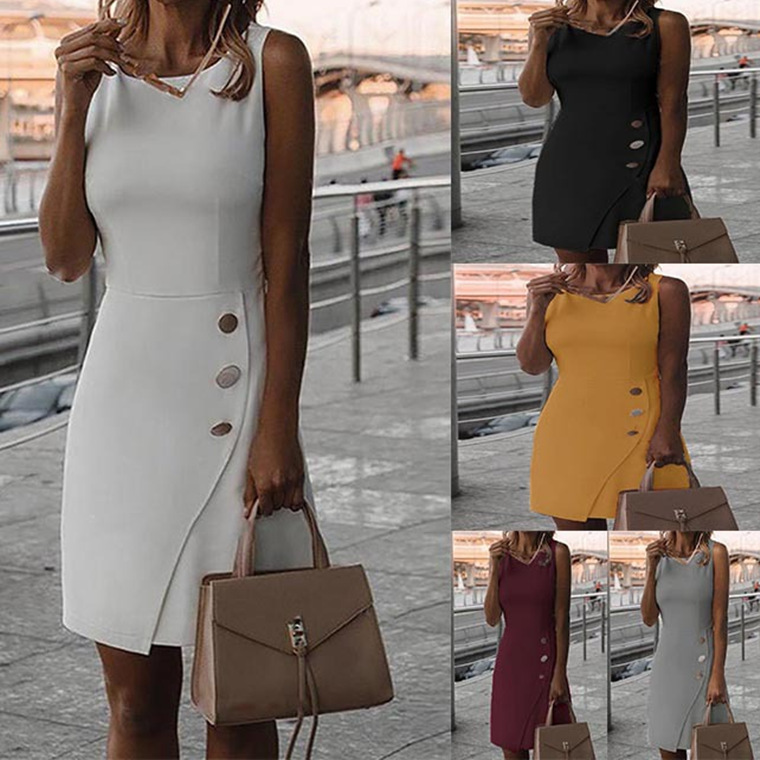 European and American Cross-Border Amazon Wish Aliexpress Summer Sleeveless Solid Color Elegant Wrap Dress [in Stock]