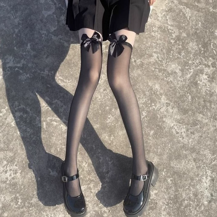 Lace Garter Strap with Bow, Sheer Thigh-High Tights, One Size, Multiple Patterns