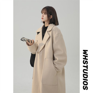 2024 autumn and winter new double-breasted long woolen suit collar loose coat windbreaker coat a generation of hair