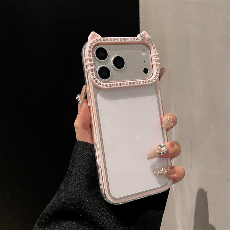 Colored Diamond Cat Ears Iphone17Promax Groove Glue Phone Case 16 Suitable for 13 Apple 15 High Transparent Soft Edge