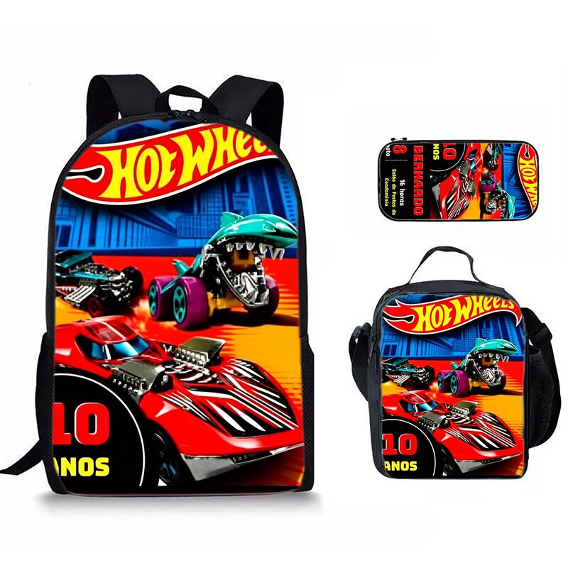 Cross-Border Hot Wheels Backpack Three-Piece Set, Lightweight, Large-Capacity Children's Student School Bag, Casual Travel Backpack
