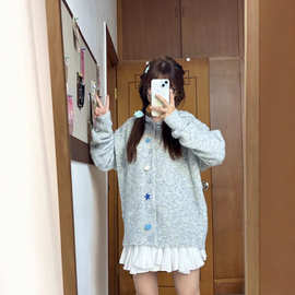 温柔风海盐蓝软糯高级感针织衫女新款百搭小个子开衫春秋新款外套