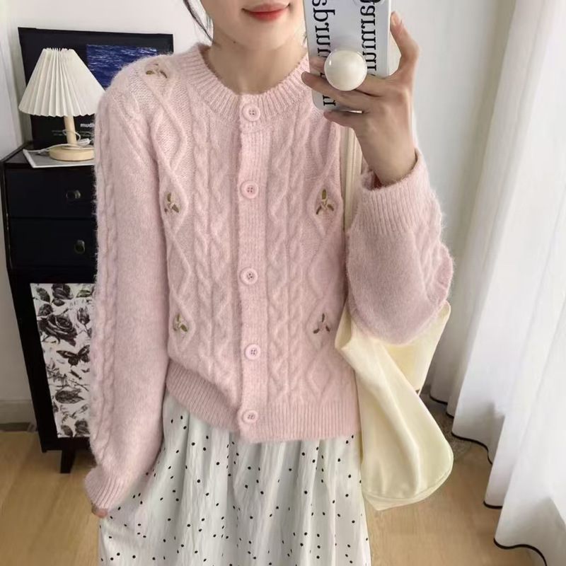 秋冬新款刺绣花朵麻花毛衣女外套日韩学院风甜美圆领针织开衫上衣|undefined