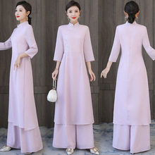 9074春夏新款中式上衣套装中国风复古女装改良版旗袍连衣裙两件套