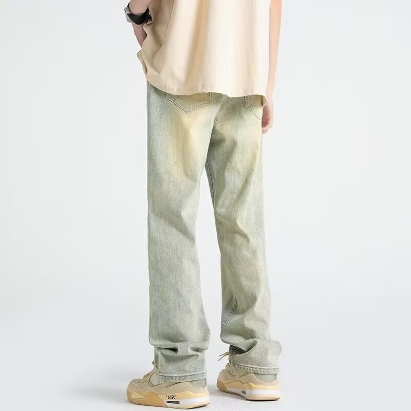 Vaqueros vintage desgastados, marca de moda de otoño para hombres, pantalones anchos de trapeador sueltos rectos y guapos de la calle alta americana