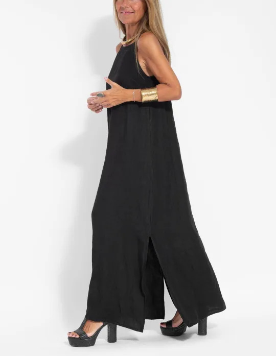 Women's Clothing Fashion Casual Cotton Linen Slit Suspender Dress_ecoleips.com