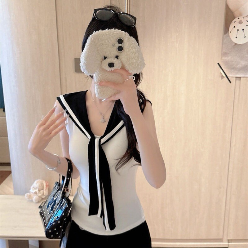 Purely Sexy and Sweet Style Navy Collar Tie-Up Sleeveless Vest for Petite Women, Slim Fit, Flattering, with Chest Pads, Beautiful Back Design