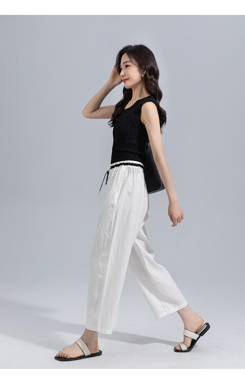 Quần tây nữ ống đứng cạp thun co giãn vải lanh trắng che hông — Màu trắng (bao gồm cả lớp lót) chi tiết 27