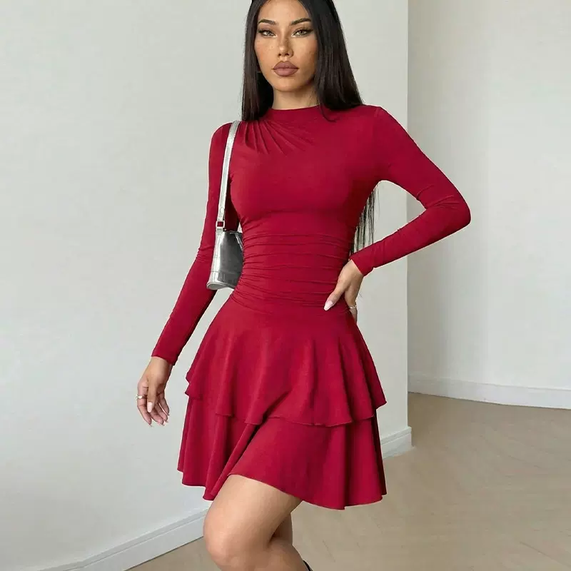 跨境欧美时尚修身长袖连衣裙2026新款亚马逊外贸辣妹荷叶边中裙女