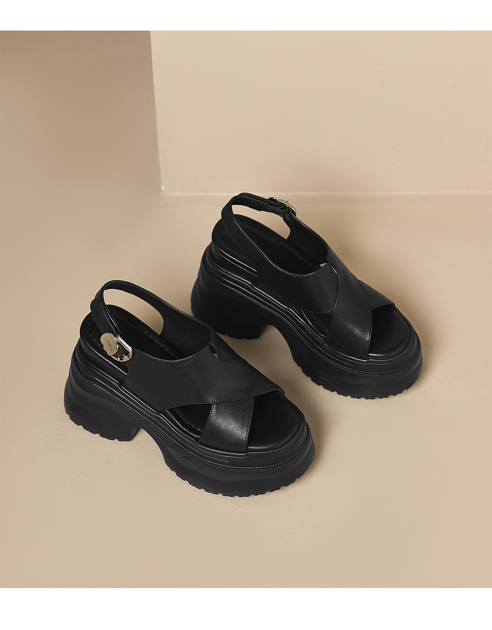 Sandal nữ da bò cao gót 12cm đế xuồng tăng chiều cao mùa hè — màu đen, màu trắng ngà chi tiết 18
