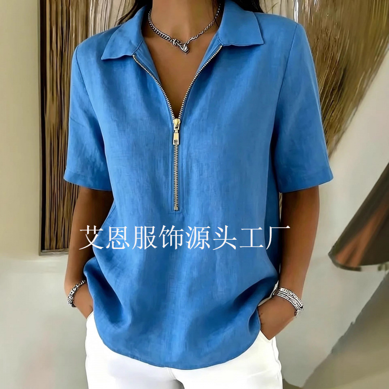 Summer solid color shirt for leisure with zipper