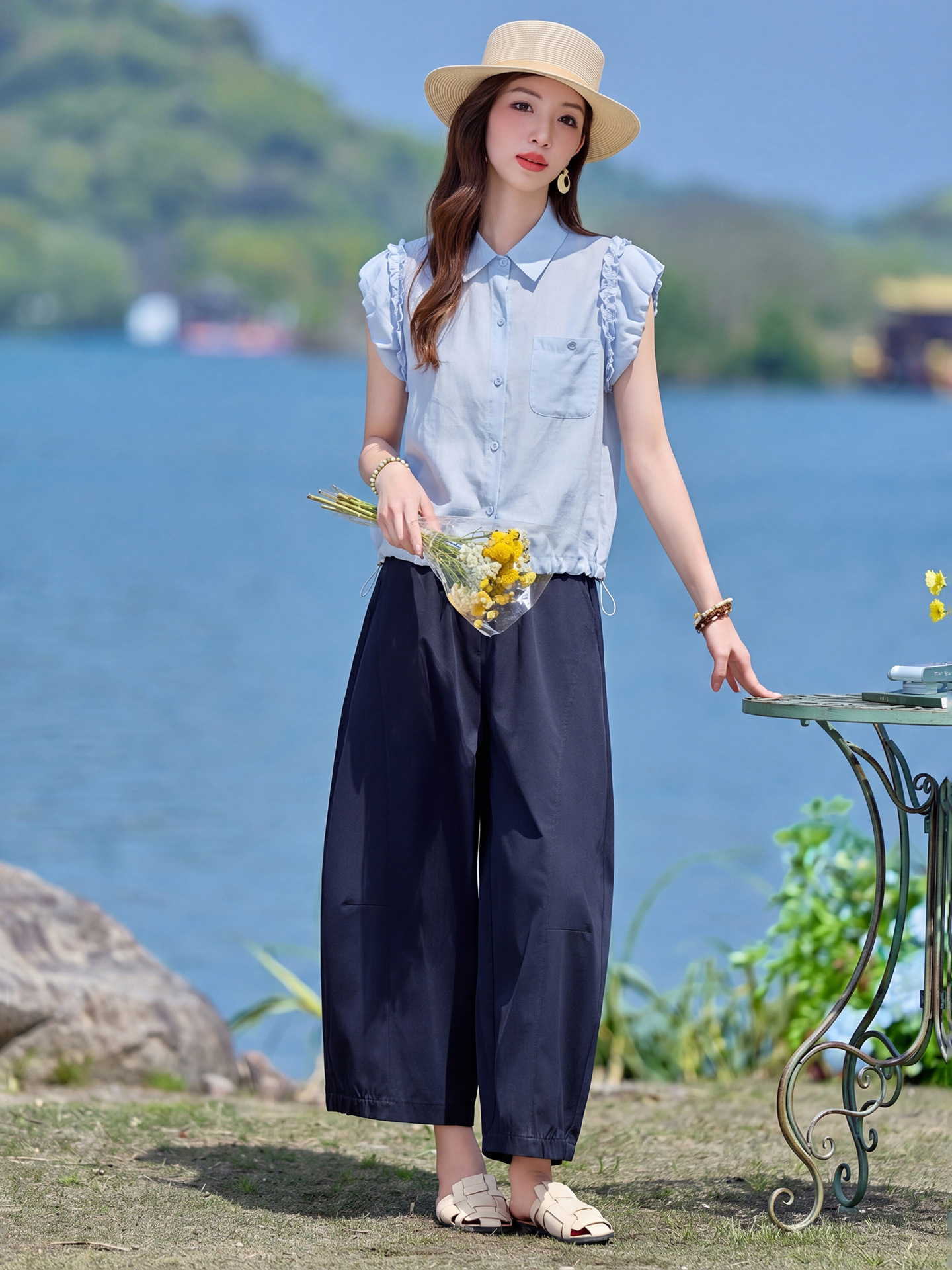 Bộ sơ mi tay dài kết hợp quần ống rộng nữ cao cấp LU9166 — Màu ảnh