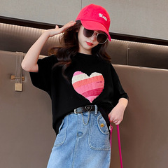 220g children's pure cotton T-shirt for girls, short-sleeved summer clothing for kids and older children, loose half-sleeve summer fashion top