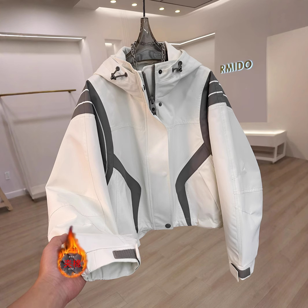 韩版撞色夹棉冲锋衣外套女24秋冬季棉服休闲时髦连帽棒球服棉衣