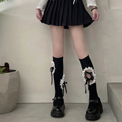 Lolita Lace Ankle Socks with JK-Style Straps, Summer Thin Design in Black and White, Hollowed-Out Mid-Calf Socks for Women