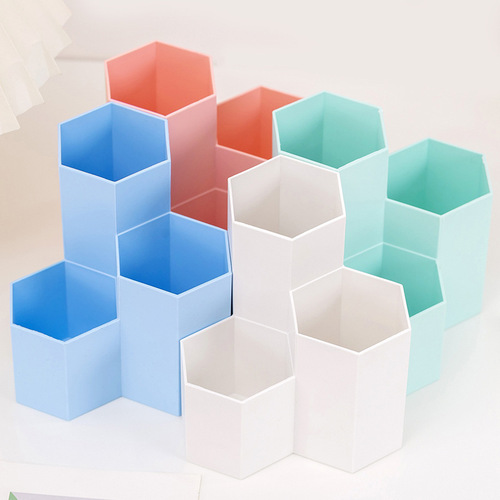 Hexagonal pen holder creative fashionable cute storage box desk beehive storage box cosmetic plastic pen bucket for women Instagram
