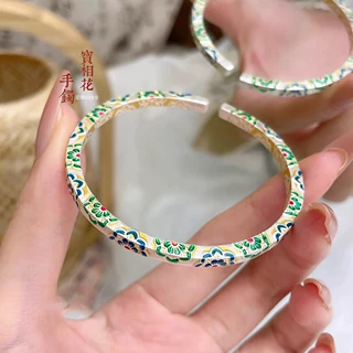 描金宝相花手镯新中式珐琅花朵手环四方花朵民族风镯子白铜实心女