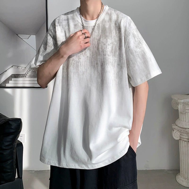 Футболка с коротким рукавом мужская летняя новая модель прилива с пятью рукавами гонконгского стиля мода на дикую половину рукава мужская повседневная футболка