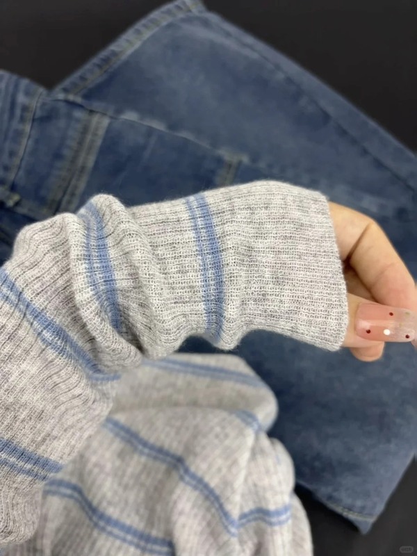 撞色圆领条纹长袖针织衫女秋冬毛衣多巴胺穿搭显瘦设计感小众上衣|undefined