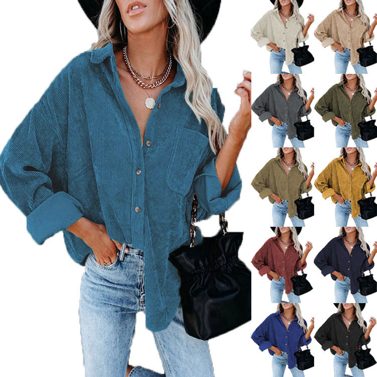 2025 Cross-Border European and American Wish Amazon New Autumn and Winter Women's Shirt Pure Color Lapel Corduroy Casual Jacket
