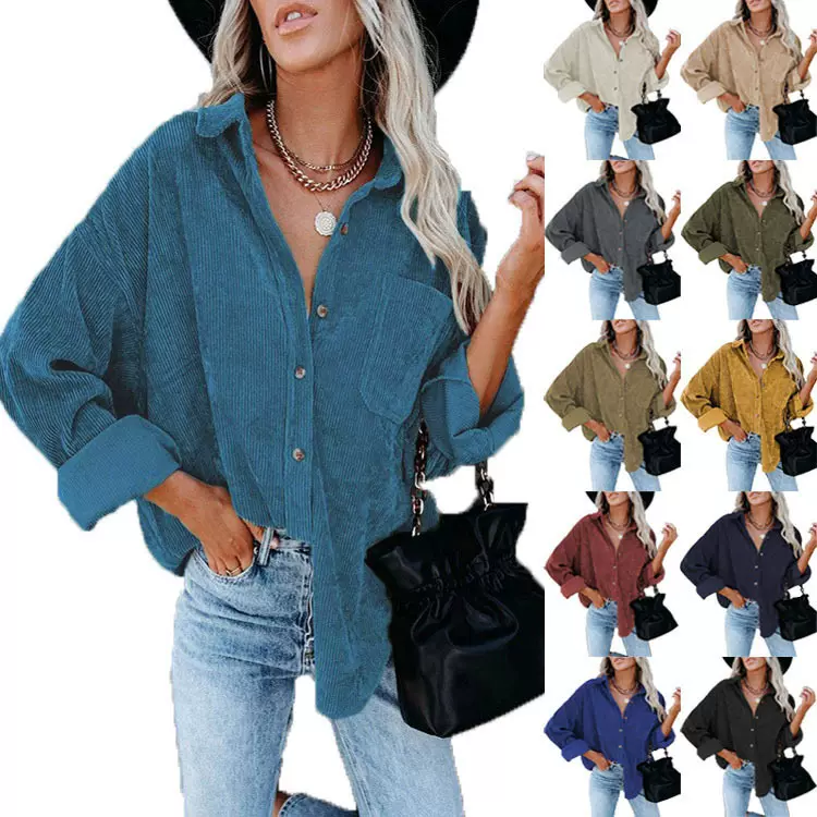 2025跨境欧美wish亚马逊新款秋冬女装衬衫纯色翻领灯芯绒休闲外套