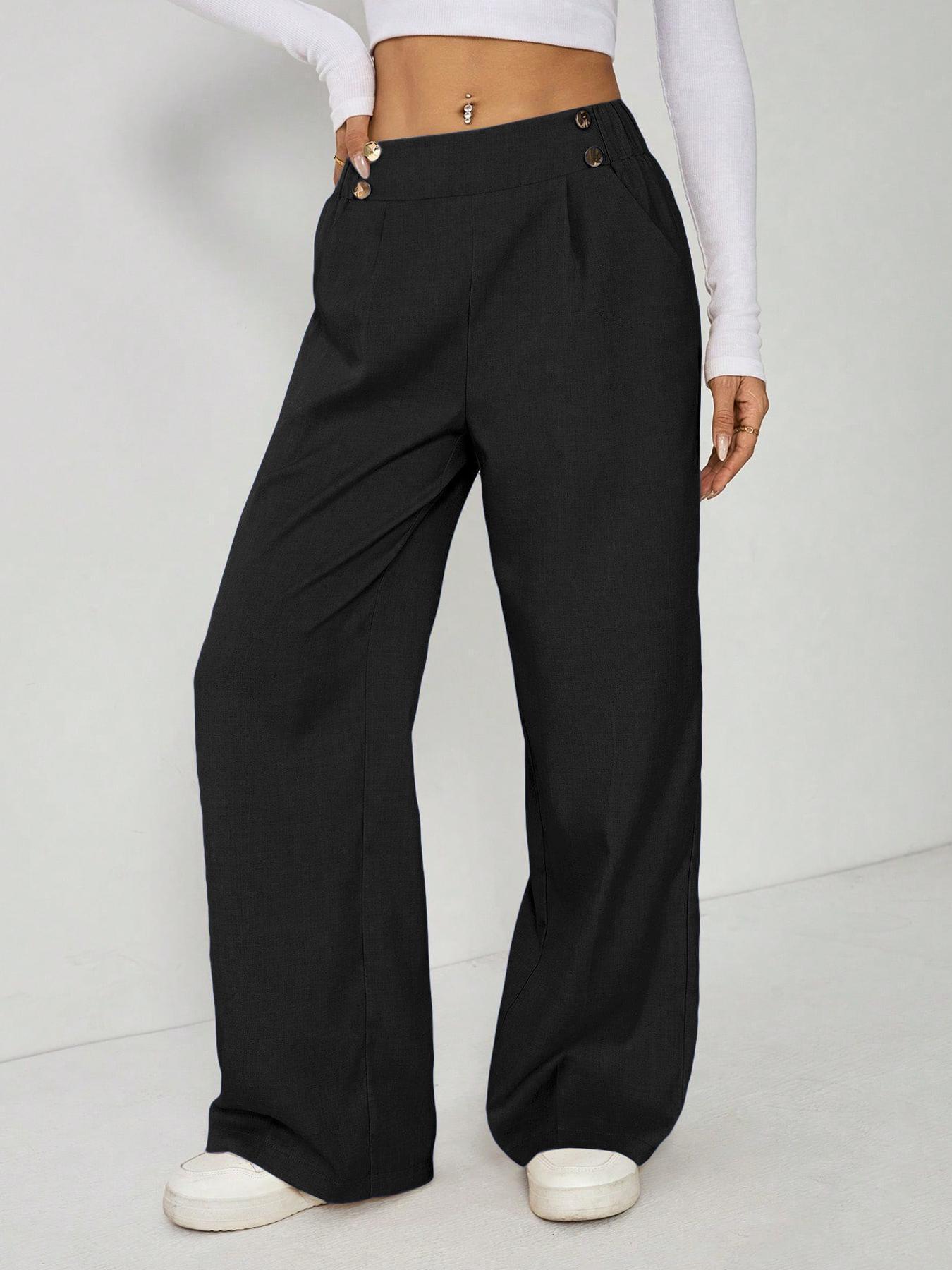 Women's Wide Leg Straight Leg Trousers Casual Fashion European American Style Button Decoration Commuting Pants_ecoleips.com