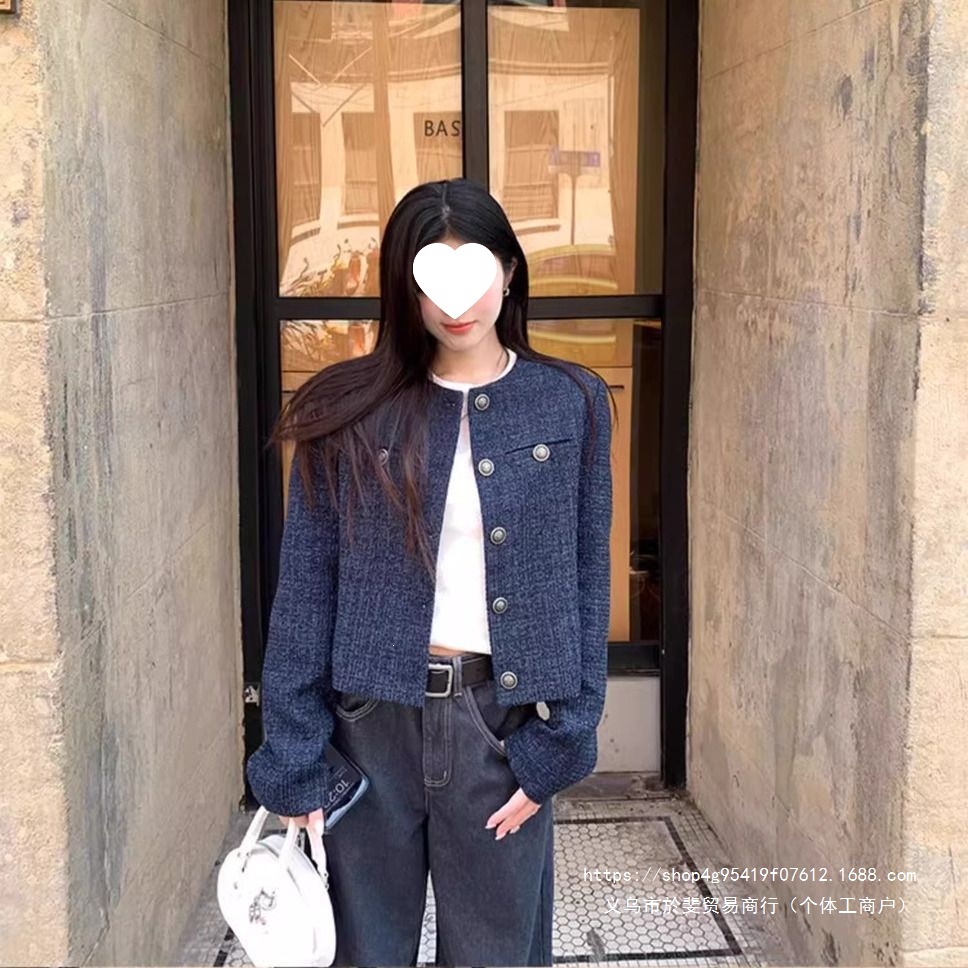 Navy blue Chanel-style cardigan for women, suitable for spring and autumn, loose fit, fashionable and slimming, long-sleeved blazer top.