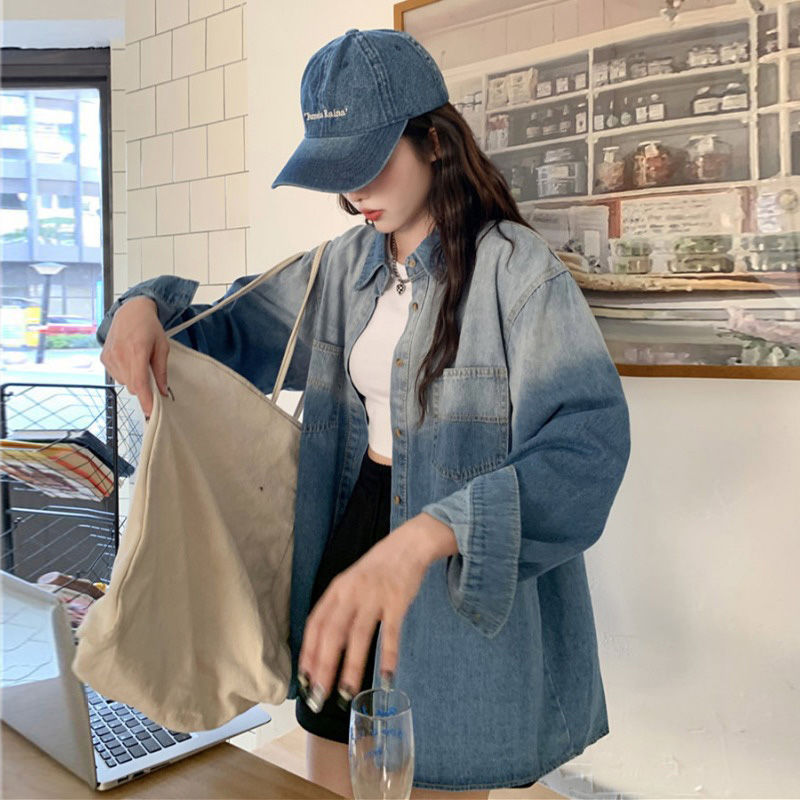 渐变色牛仔衬衫外套女春秋季新款气质衬衣宽松叠穿长袖外穿上衣