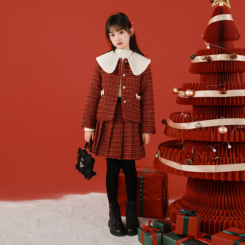 Ropa de otoño e invierno para niñas 2023 nueva Navidad Año Nuevo collar de muñeca Chaqueta de punto falda conjunto de dos piezas traje de niños medio y grande