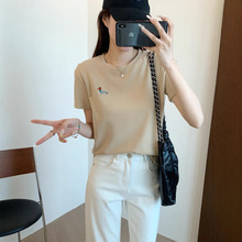 泽黛佳伊趣味减龄 撞色腊肠狗刺绣针法密实直筒版圆领正肩短袖T恤