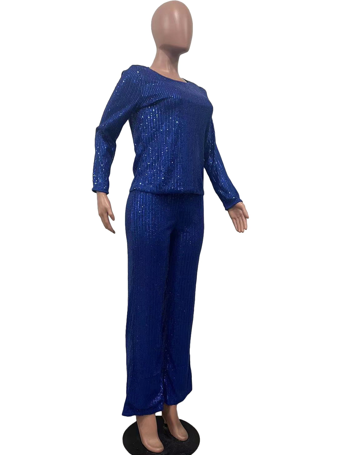 Damenbekleidung neues zweiteiliges Set mit Pailletten in Volltonfarbe und langen Ärmeln_voghion.com