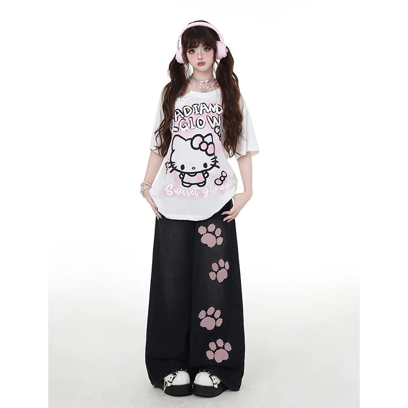 甘くてクールな猫の足跡刺繍黒ワイドレッグジーンズ女性の夏の新しいハイウエストルーズストレートフロアモップパンツ|undefined