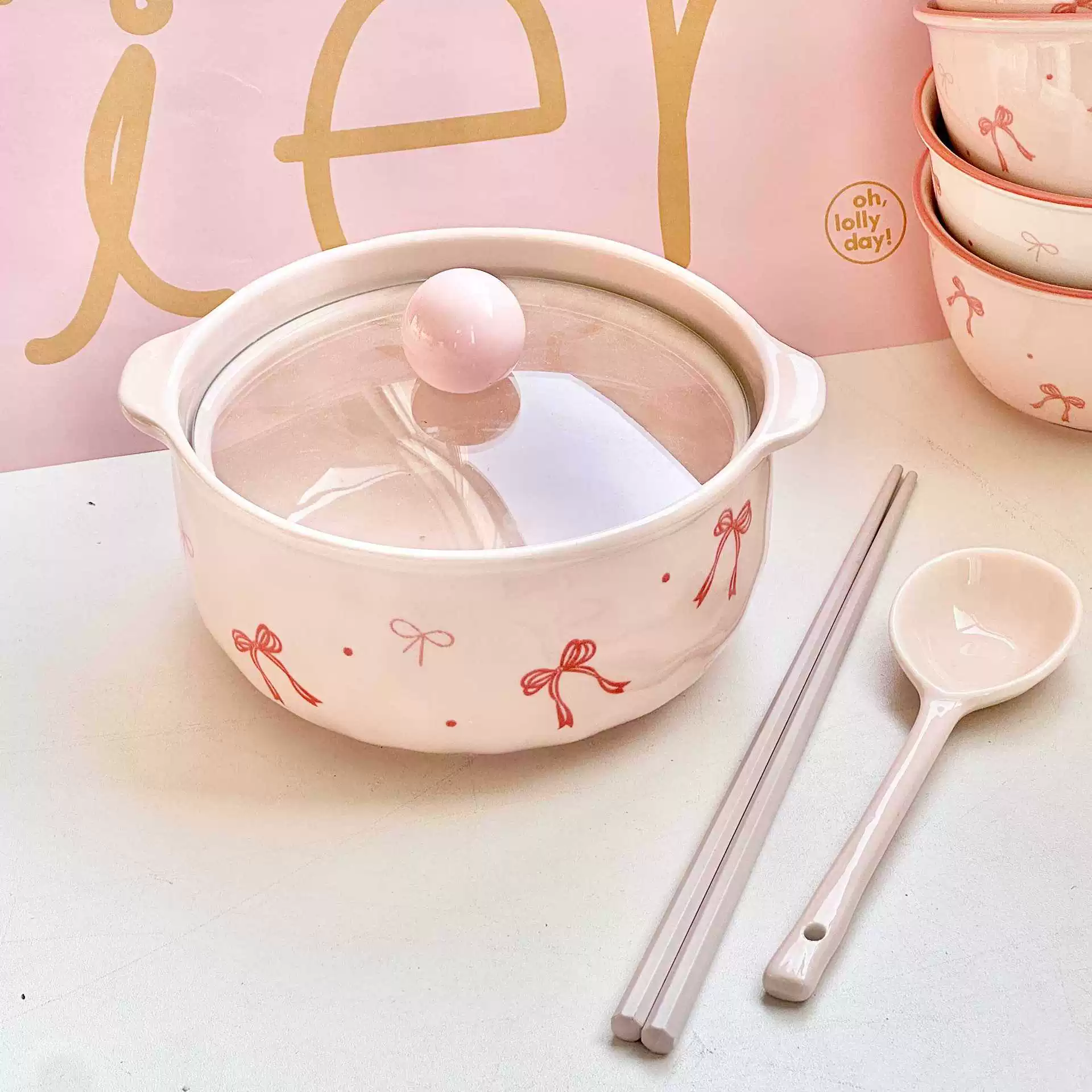 Ceramic Tableware Set (Fuchsia) with Bow Motif, Home Dining, Assorted Pieces